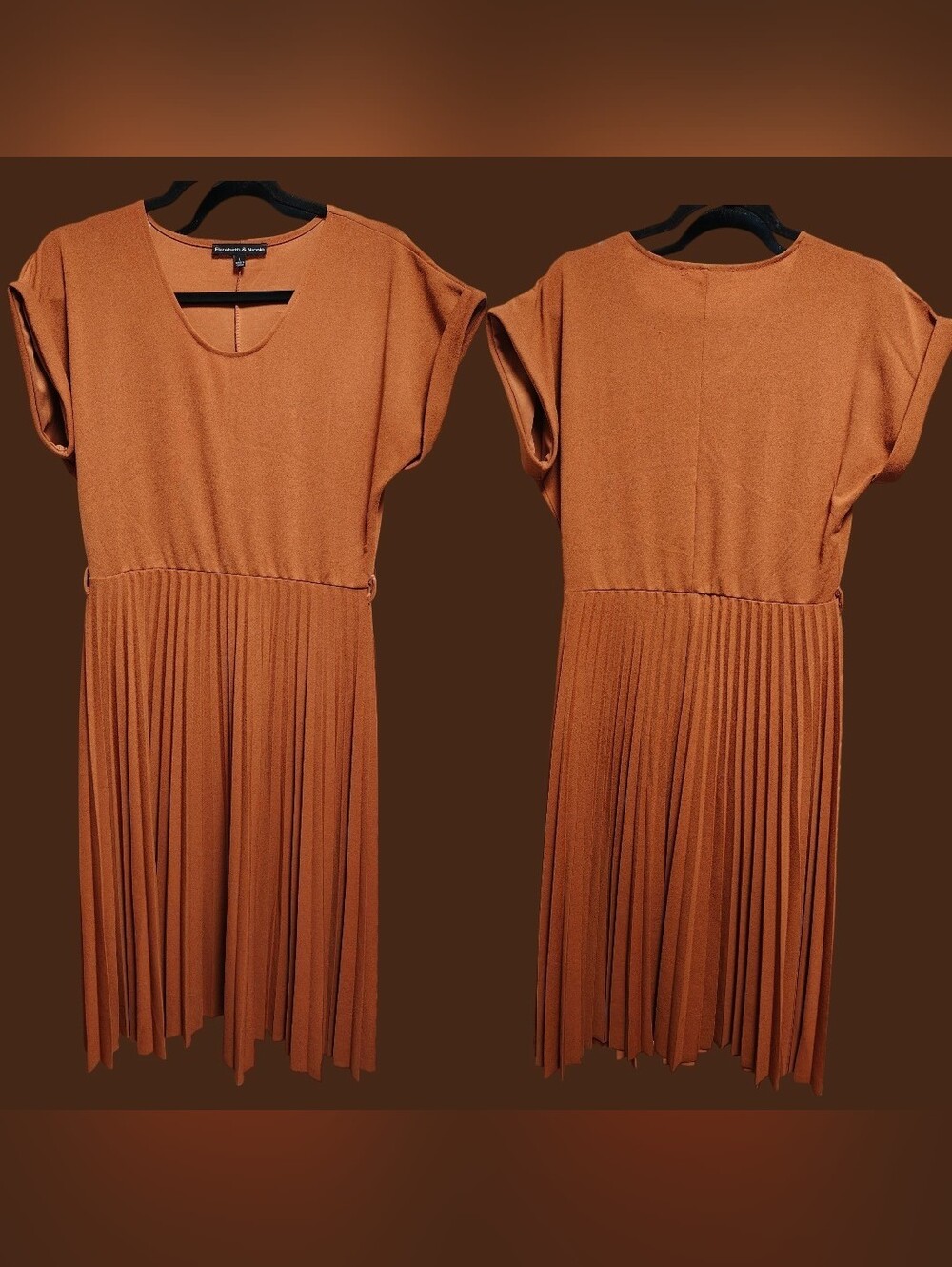 Pleated Midi Dress in Rust with Short Sleeves
